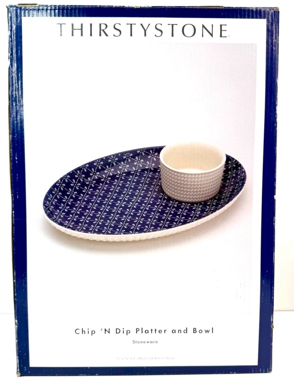 Thirstystone Blue White Textile Chip N Dip Platter Bowl Set NWT